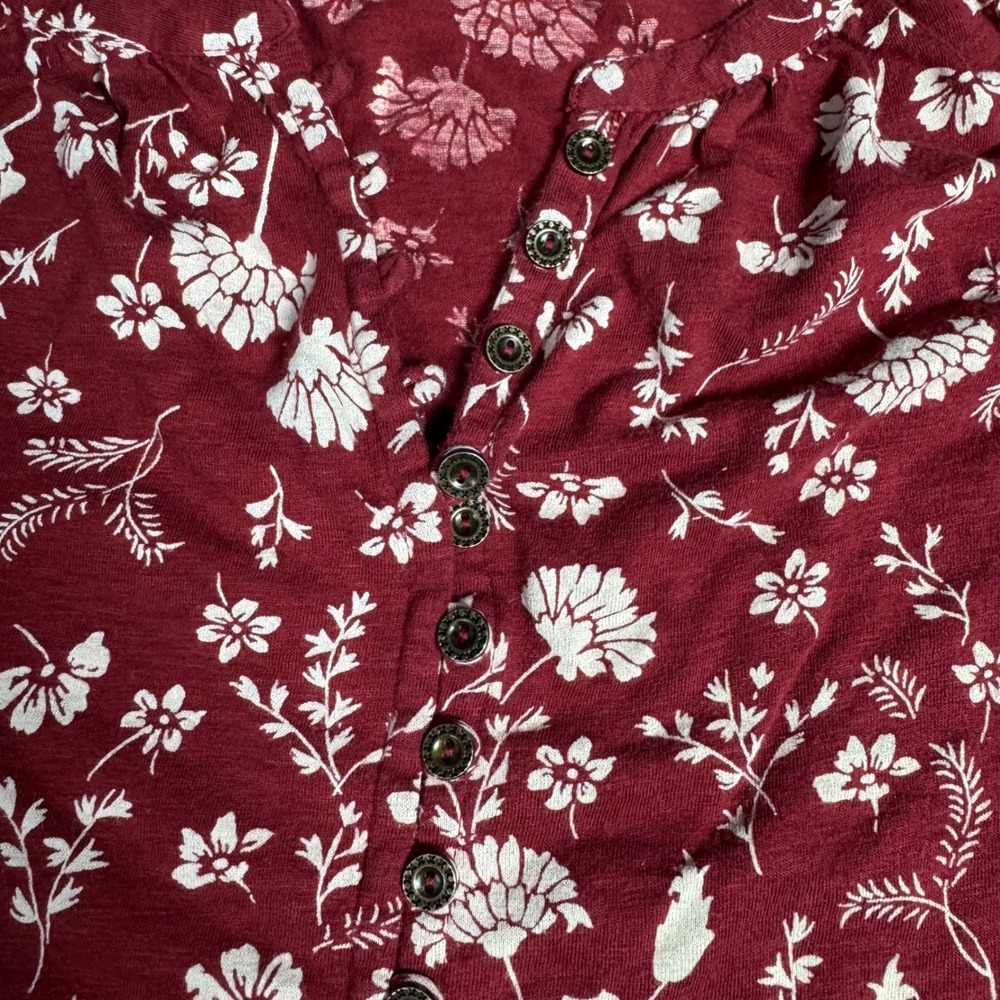 Lucky Brand Womens XS Floral Henley Top Burgundy Short‎ Puff Sleeve Cotton Modal - Picture 4 of 11